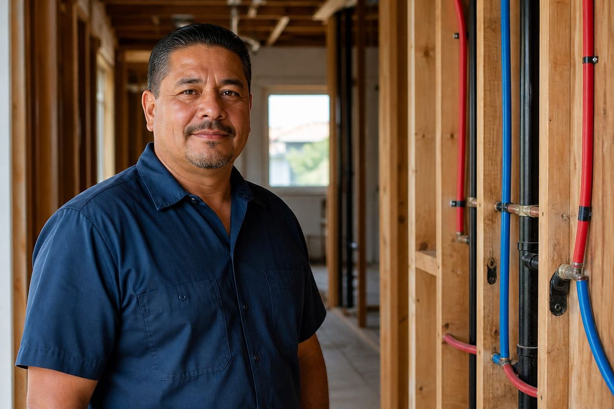 A Mr. Repipe technician standing in a home under renovation with new PEX lines installed