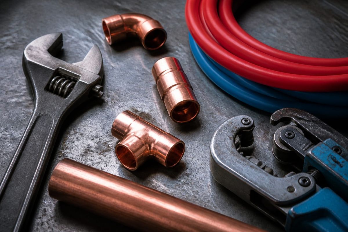 Plumbing tools and pipe fittings on a workbench