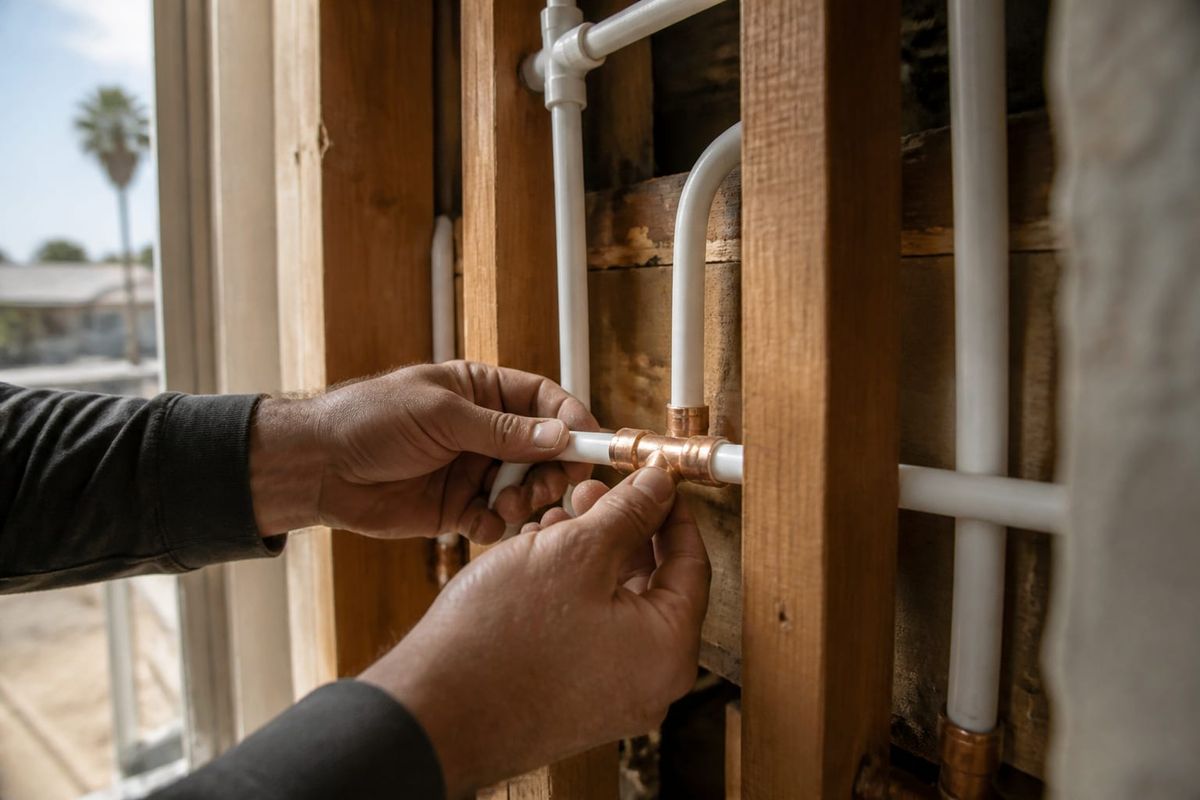 A Mr. Repipe technician connecting a new PEX pipe to a copper fitting inside an open wall